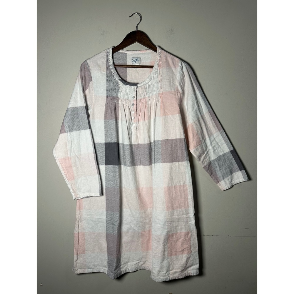 Grandmacore Pink Grey Plaid Flannel Nightgown Lace Trim Henley Medium Cottage